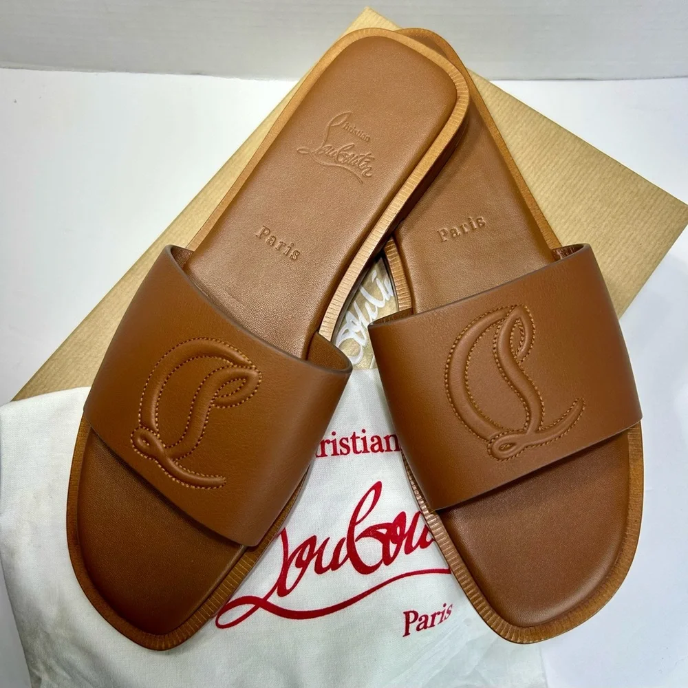 CHRISTIAN LOUBOUTIN CL MULE FLAT SANDAL EMBROIDERED LOGO BROWN LEATHER SZ 39 NEW - Picture 2 of 15